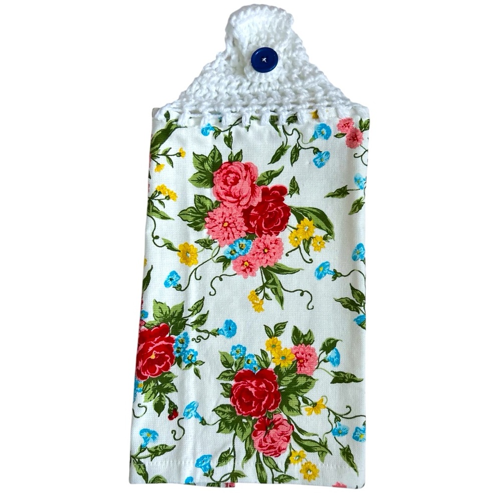 Hand Crafted Colorful Floral Hanging Hand Towel Crochet Top Cottagecore